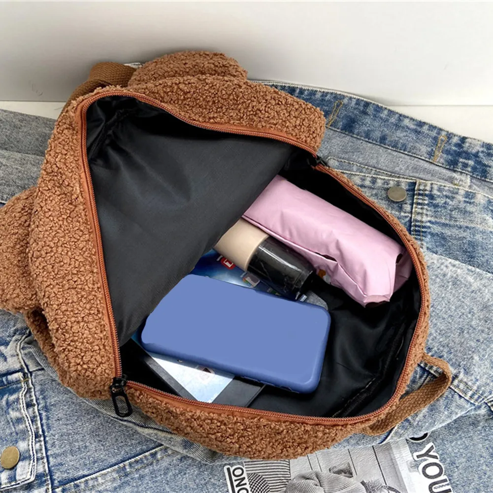 Casual Fleece Bear Shaped Shoulder Cute Women Backpack Children School Bag Travel Rucksack Solid Color Handbag_voghion.com