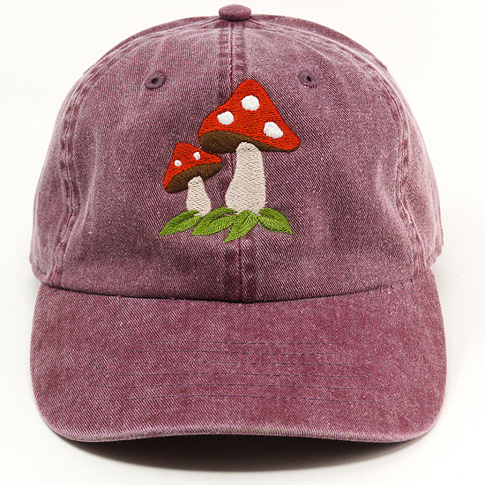 Vintage Washed Cotton Baseball Cap Mushroom Embroidery Dad Hat_voghion.com