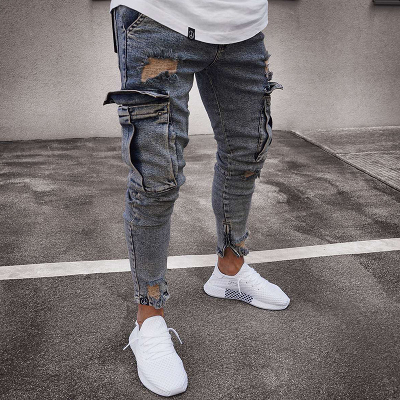 Vêtements pour hommes Salopette en jean pour hommes Pantalon évasé en denim à patch élastique à la mode_voghion.com