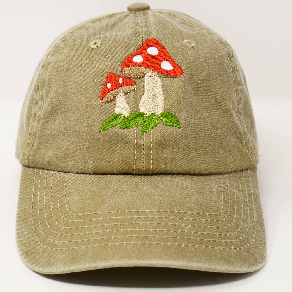 Vintage Washed Cotton Baseball Cap Mushroom Embroidery Dad Hat_voghion.com