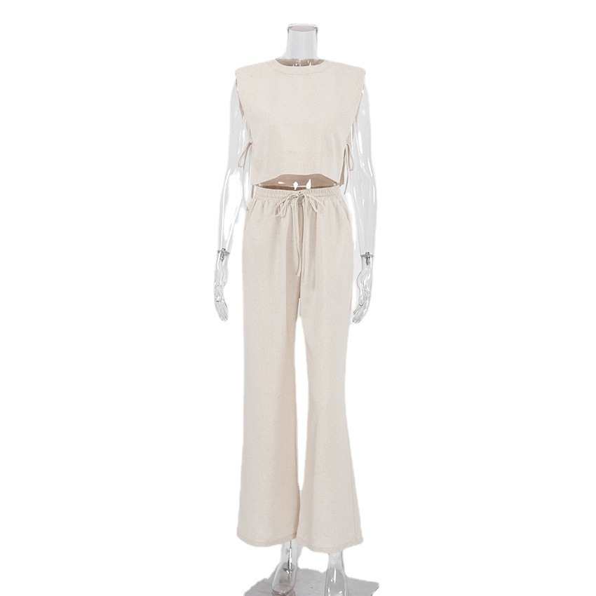 Women's Clothing Fashion cotton and linen suits style shoulder pad sleeveless tops and trousers two-piece suits_voghion.com