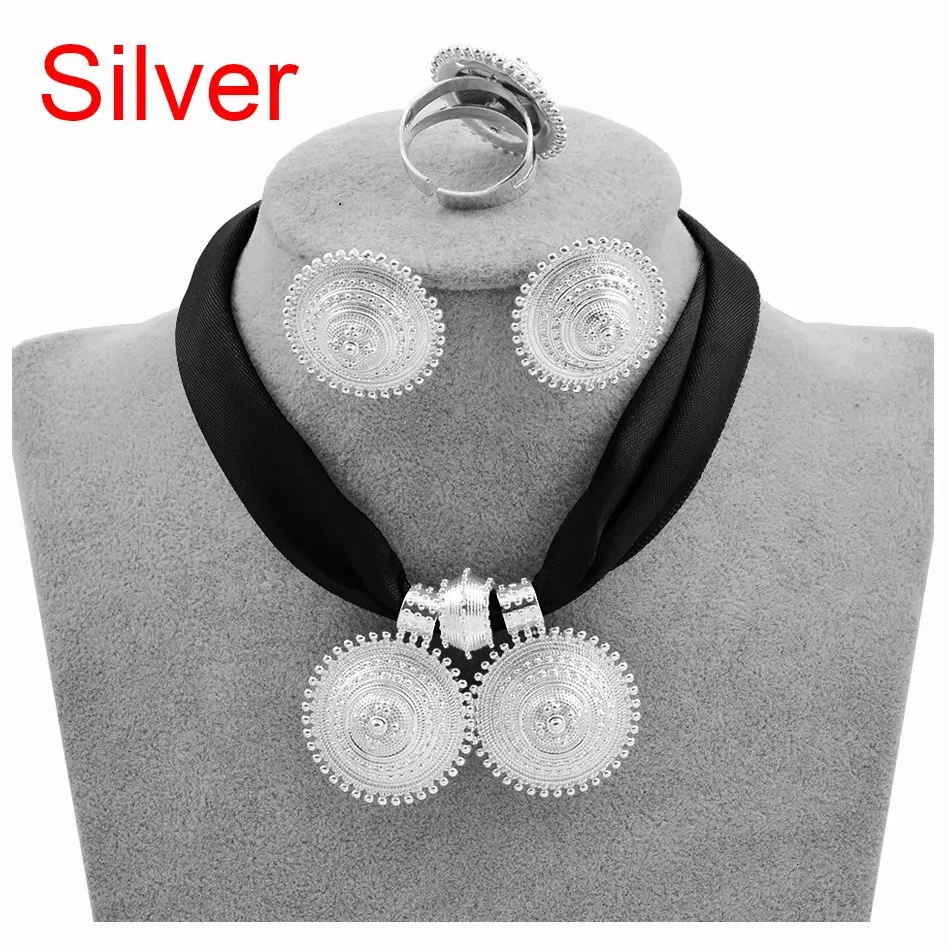 Hochzeitsschmucksets Anniyo DIY Seilkette Äthiopisches Set Goldfarbe Eritrea Ethno-Stil Habesha Anhänger Ohrringe Ring_voghion.com