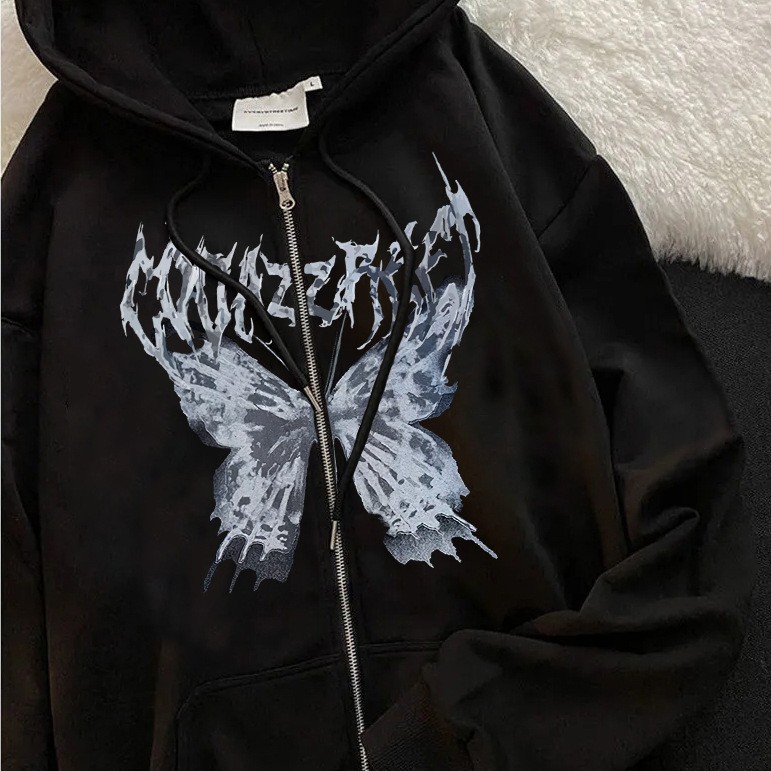 Men's Gothic Zip-up Hoodie Butterfly Print Sports Sweatshirt_voghion.com