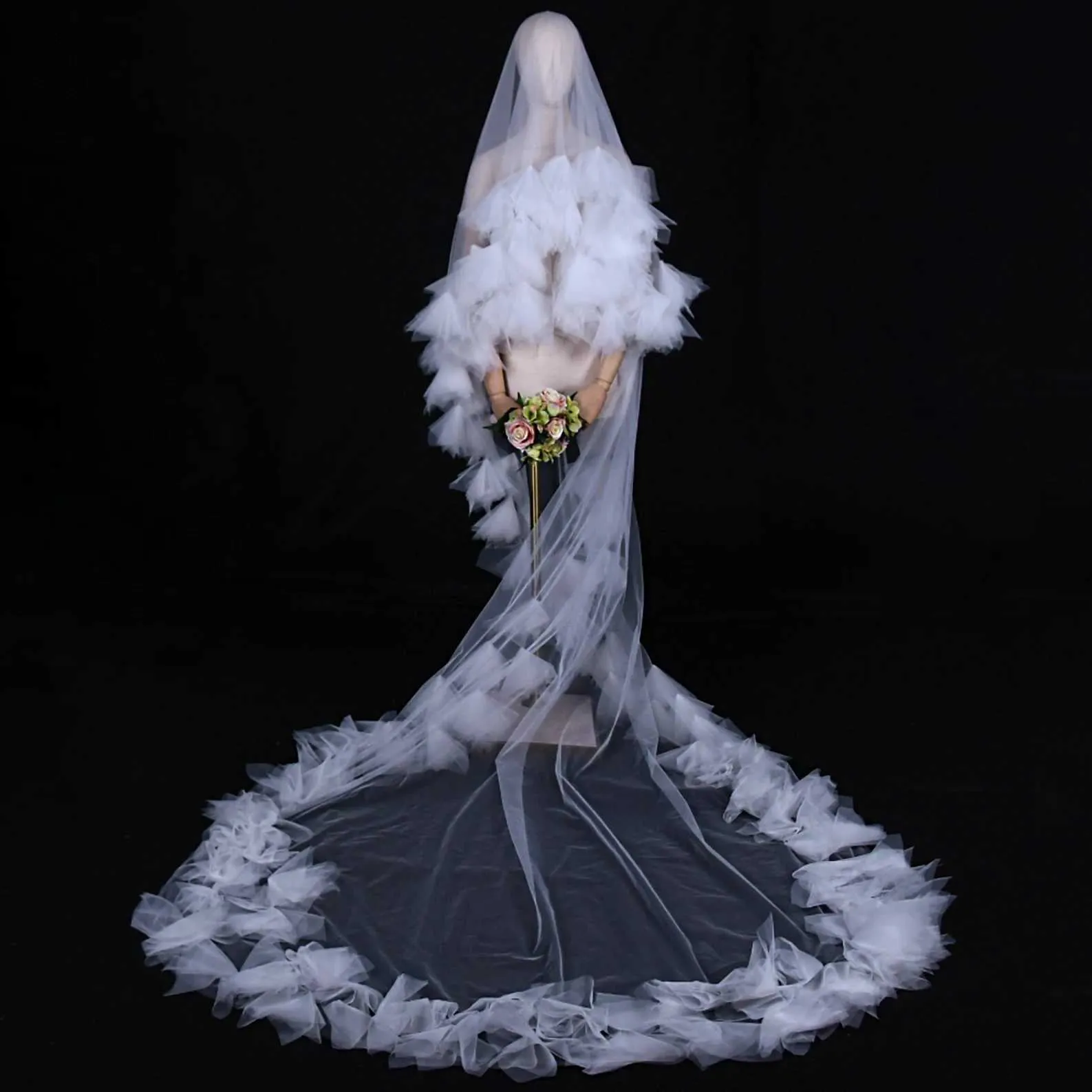 Hair Jewelry V208 Long Bridal Veils 2 Tier Wedding Drop Style 3D Flower Trimmed Blusher Veil Cathedral Length Soft Tulle_voghion.com