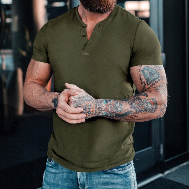 2023 Neues Sommer-T-Shirt für Herren, lässig, einfarbig, kurzärmelig, Rundhalsausschnitt, Pullover, Knopfleiste, Henley-Shirt_voghion.com