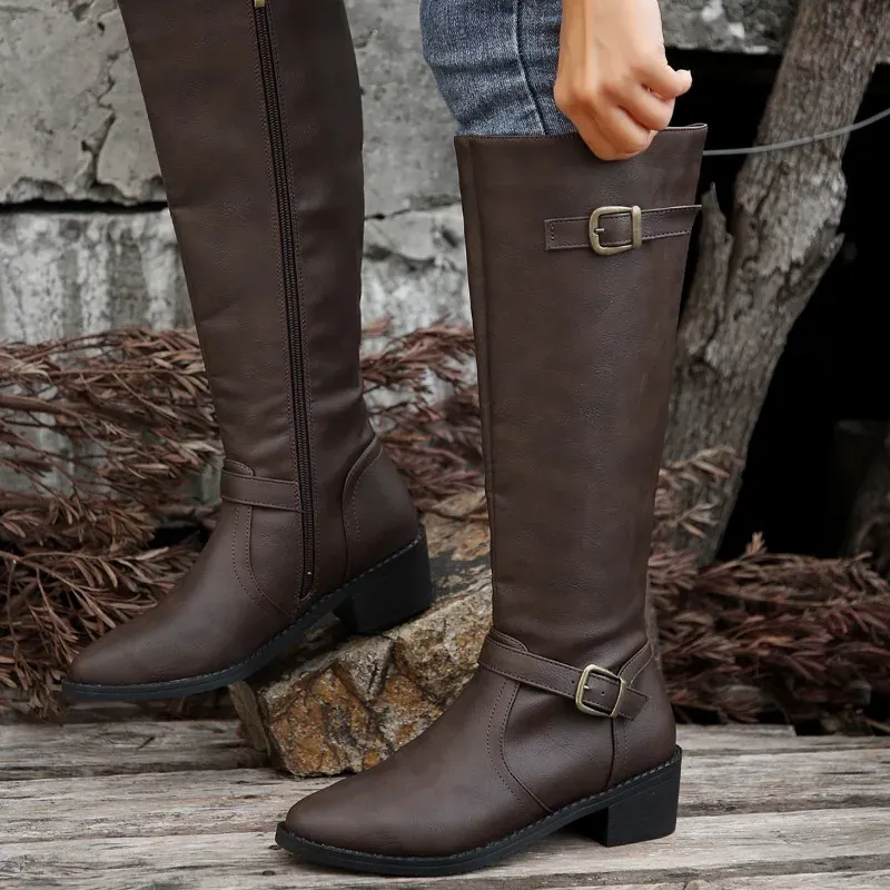Boots Women Knee High Fashion Low Heels Square Platform Long Brown Black Leather Zip Winter Warm Shoes Booties_voghion.com