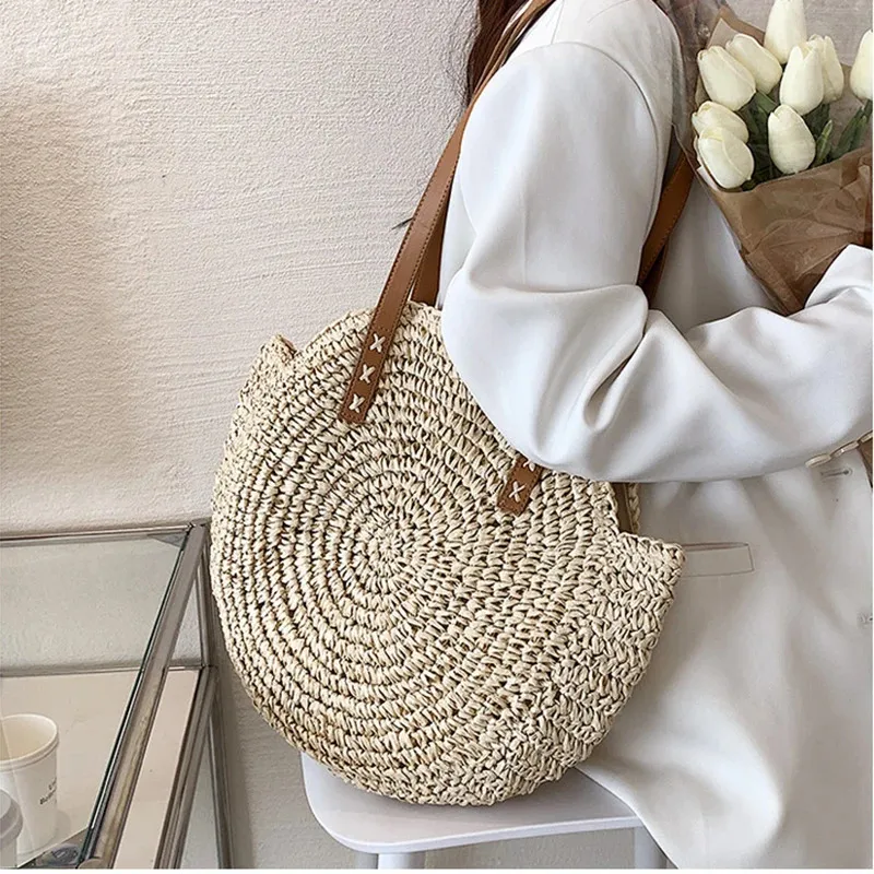 Damen Stroh Schultertasche Für Den Strand Große Handtasche_voghion.com