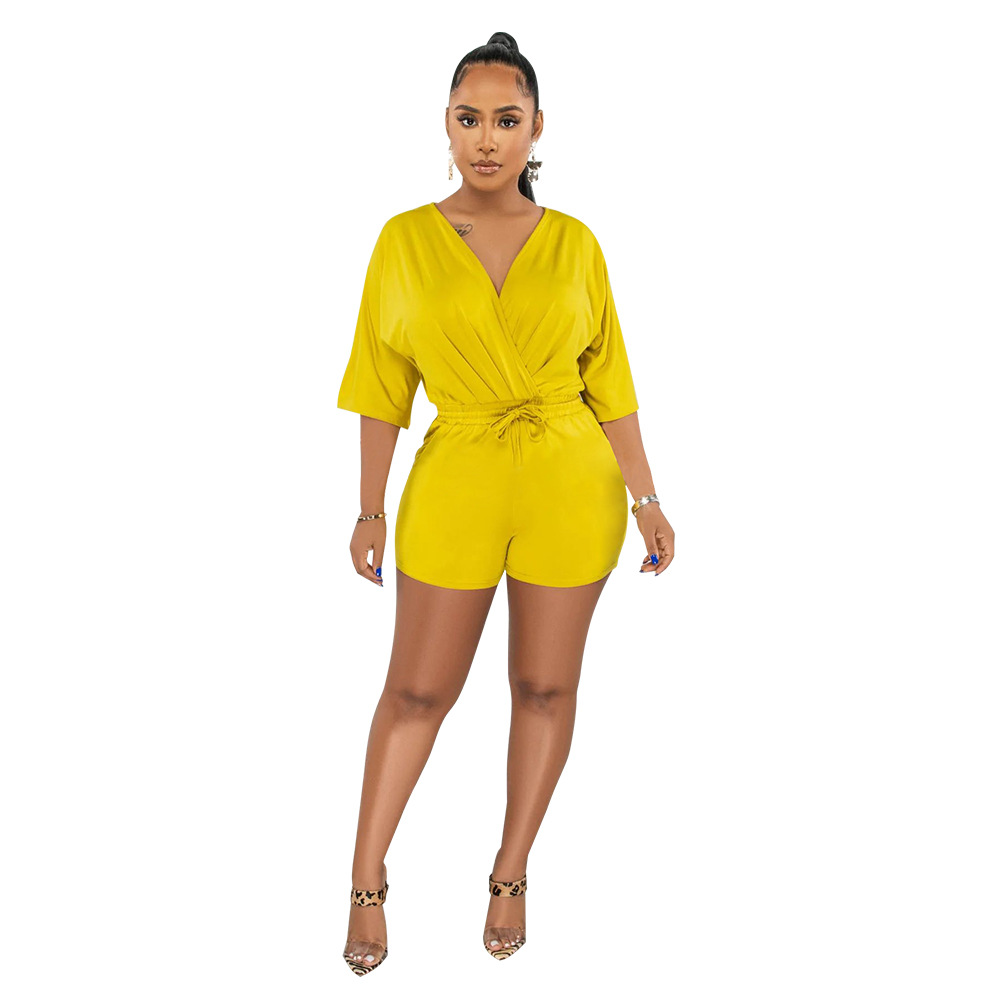 Women's V-neck Jumpsuit Solid Colour Waist Casual Short Romper_voghion.com
