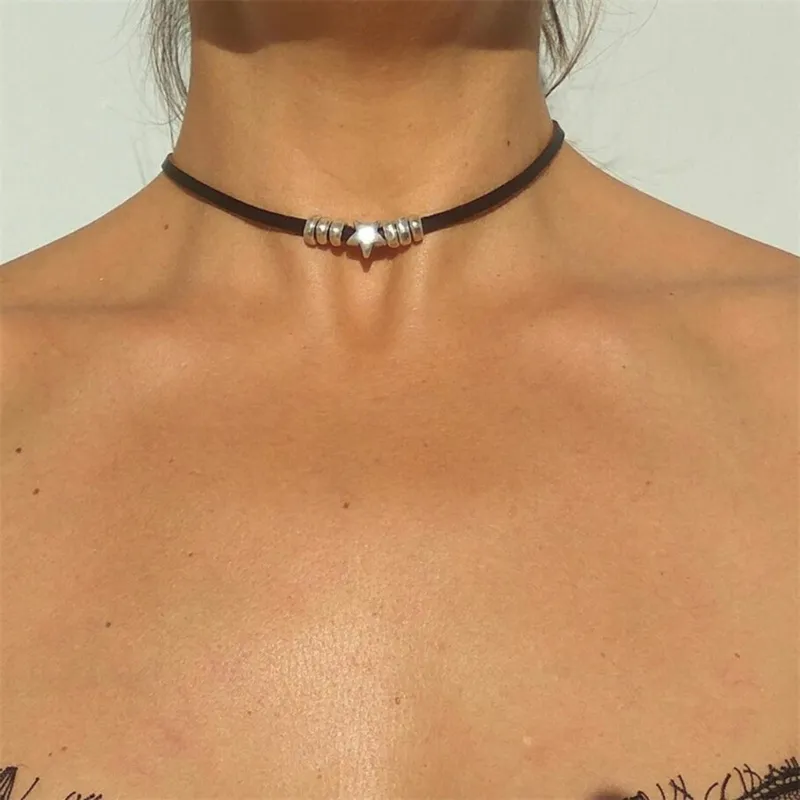Collana choker stella boho collana pelle nera da donna_voghion.com
