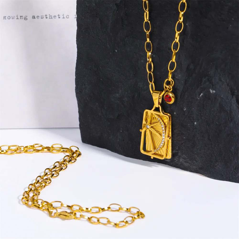 Colar com pingente de lua e sol vintage aço inoxidável zircão_voghion.com