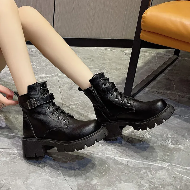 Botas cortas estilo británico para mujer, nuevas, de otoño/invierno, con cordones y cremallera, estilo motociclista, estilo retro, talla 43_voghion.com