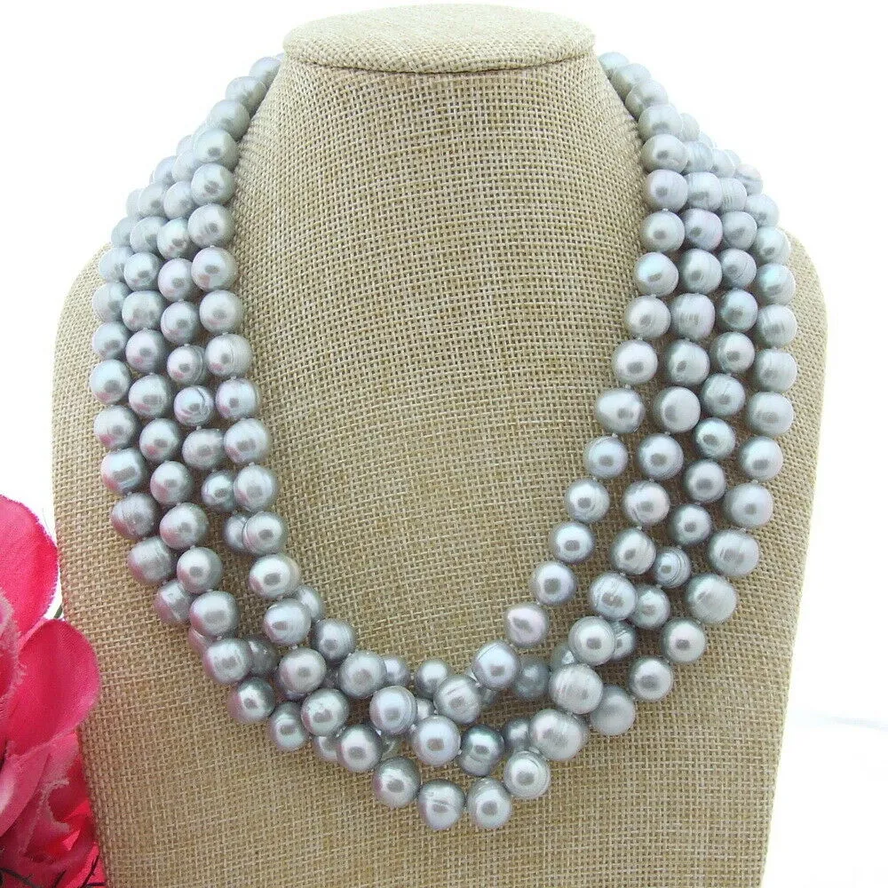 Collier de perles de culture d'eau douce colorées grises faites à la main, 4 brins de 9 à 10 mm, 51 cm, bijoux fantaisie_voghion.com