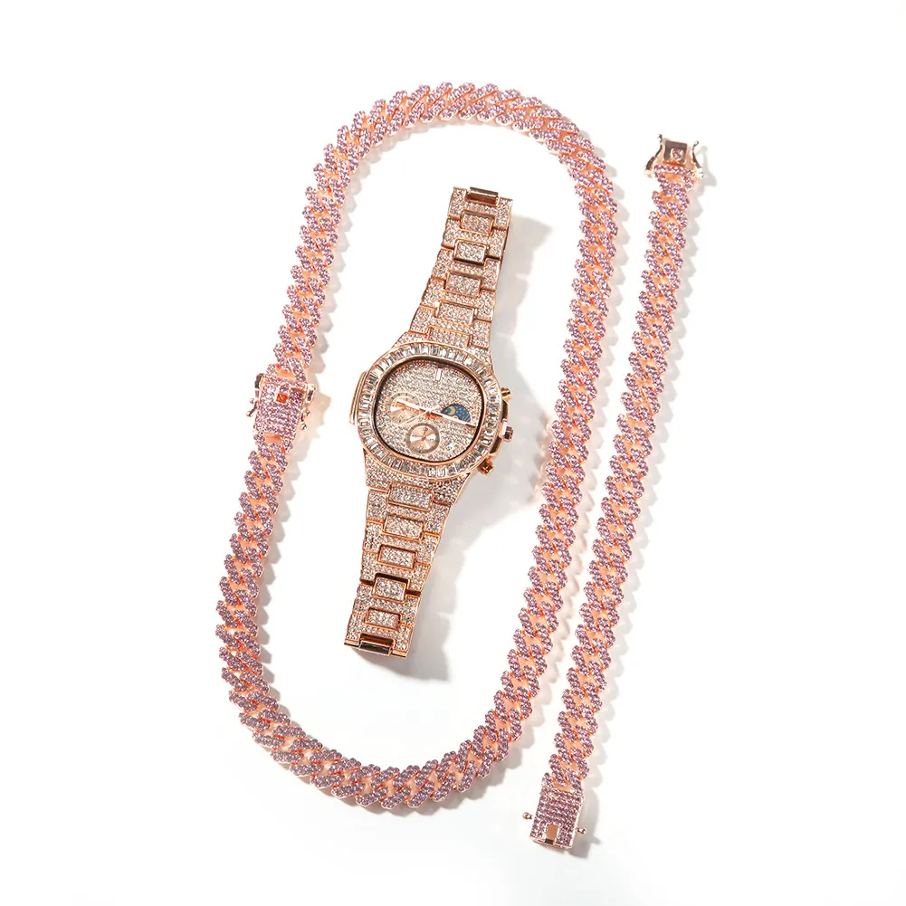 Set orologio bracciale e collana iced out da uomo finitura oro_voghion.com