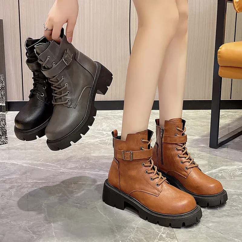 Botas cortas estilo británico para mujer, nuevas, de otoño/invierno, con cordones y cremallera, estilo motociclista, estilo retro, talla 43_voghion.com