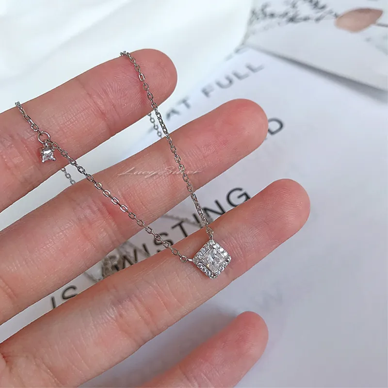 Collier avec pendentif en argent sterling et diamant carré pour femme, chaîne de clavicule simple et brillante, bijoux de mariage_voghion.com