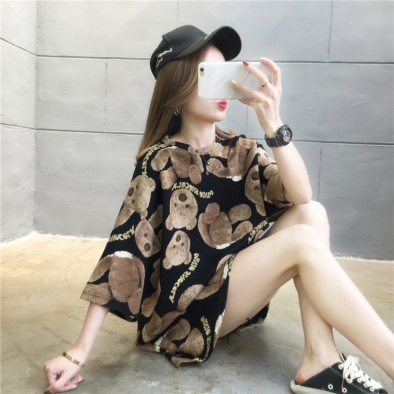 Loses T-Shirt mit Cartoon-Bär für Damen, kurzärmelig, für Studenten, große Größe, mittelgroß und lang_voghion.com