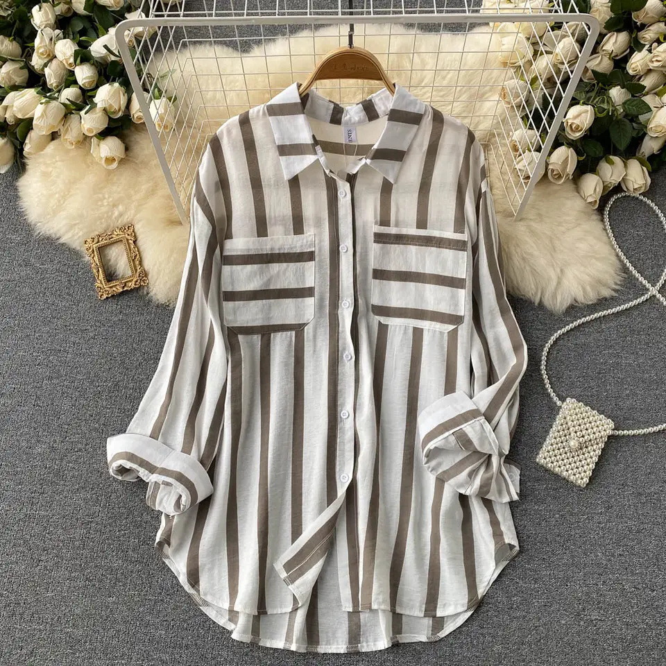 Women's Korean Style Casual Loose Top Summer Spring Autumn New Mid-Length Vertical Stripe Multicolor Shirt Jacket _voghion.com