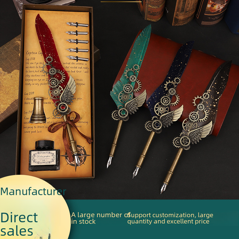 Rociador de pluma dorada, conjunto de pluma mecánica, pluma de engranaje, pluma de inmersión de estilo Punk, pluma de estilo europeo