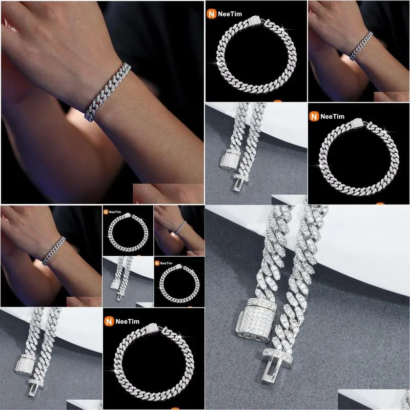 Chains Neetim 6Mm Full Moissanite Hip Hop Men Women Cuban Chain Bracelets Sterling Sier With Gold Plated Bracelet Drop_voghion.com