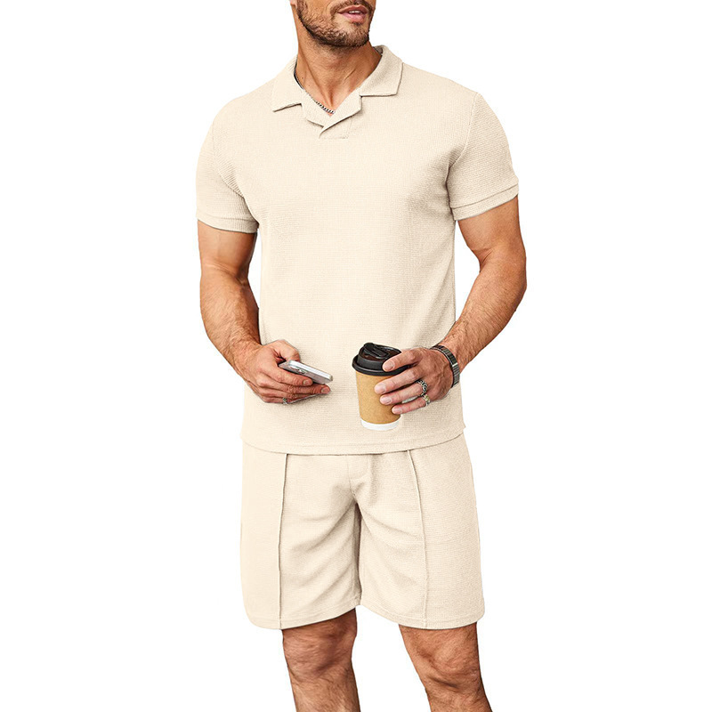 Men's summer new waffle V-neck polo shirt with flip collar short sleeved T-shirt men's set_voghion.com