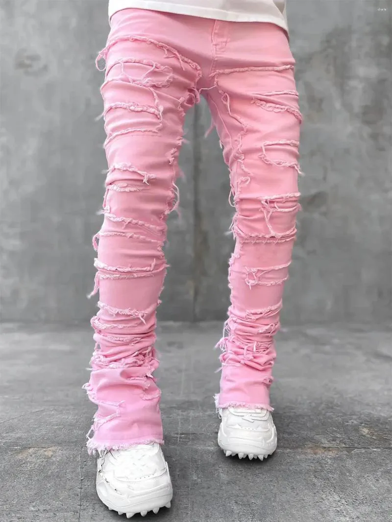 Blugi stivuiți pentru bărbați, stil hip hop, stil bărbătesc, stil 2024, stil stivuit, stil slim fit, stil Distressed, stil distrus_voghion.com