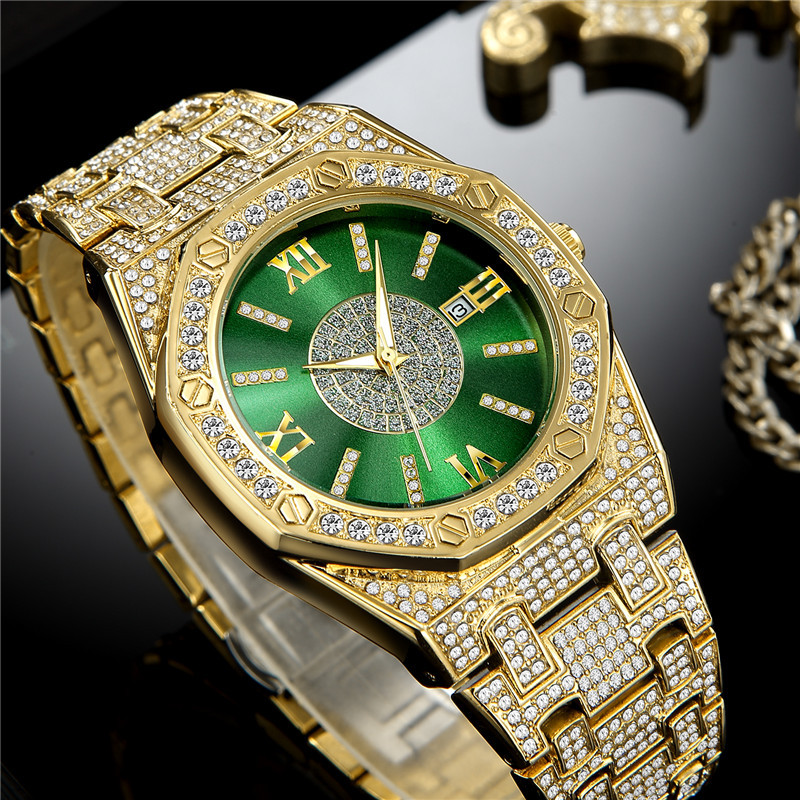 Gulddiamant Hiphop Legeringsband Datum Quartz Klockor För Herr_voghion.com
