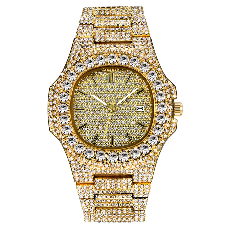 Men's Hip Hop Style Full Diamond Watch With Calendar - Quartz Movement, Square Dial, Stainless Steel Clasp, Fashionable Design For Trendy Men_voghion.com