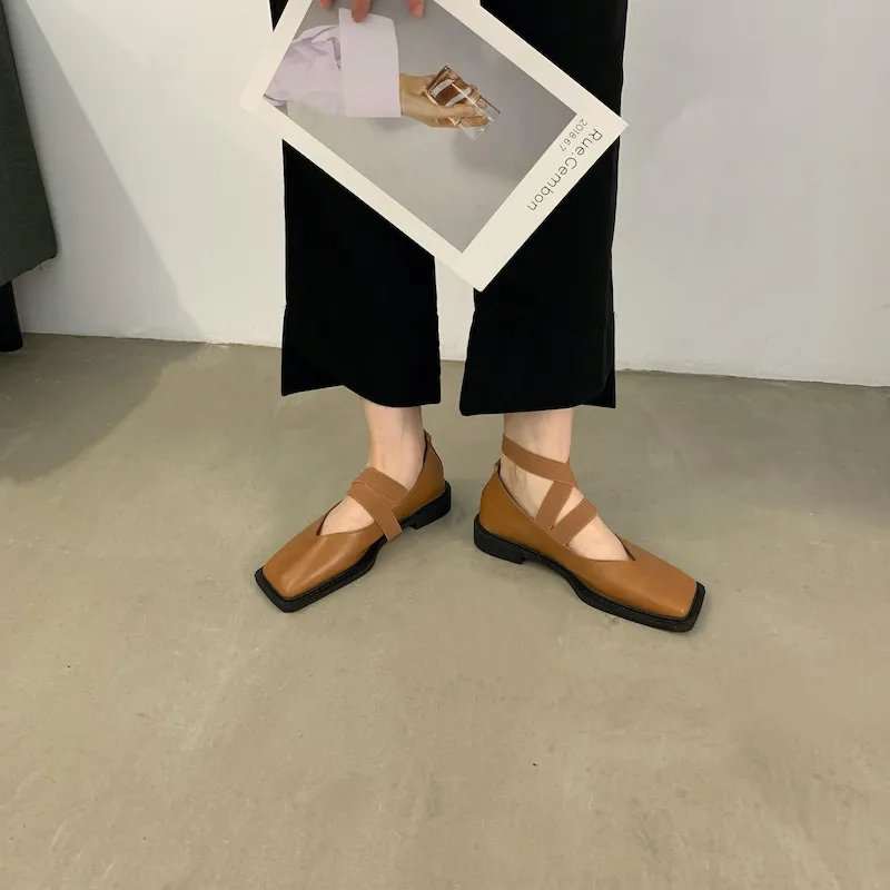 Mocassini singoli in pelle da donna, primavera 2022, nuovi, alla moda, con testa quadrata, fondo piatto, bocca bassa, scarpe basse_voghion.com