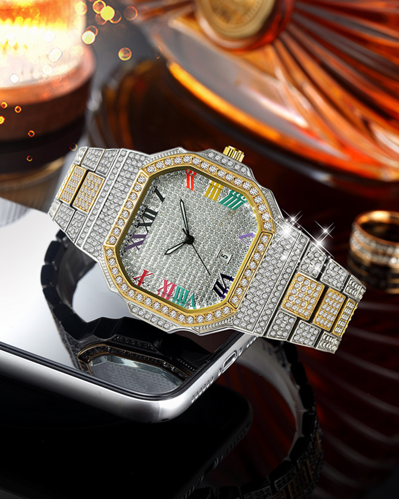 Men's Luxury Hip Hop Diamond Quartz Watch With Gold/Silver/Rose Gold Tone, Date Display, And Stylish Design For Casual & Formal Wear_voghion.com