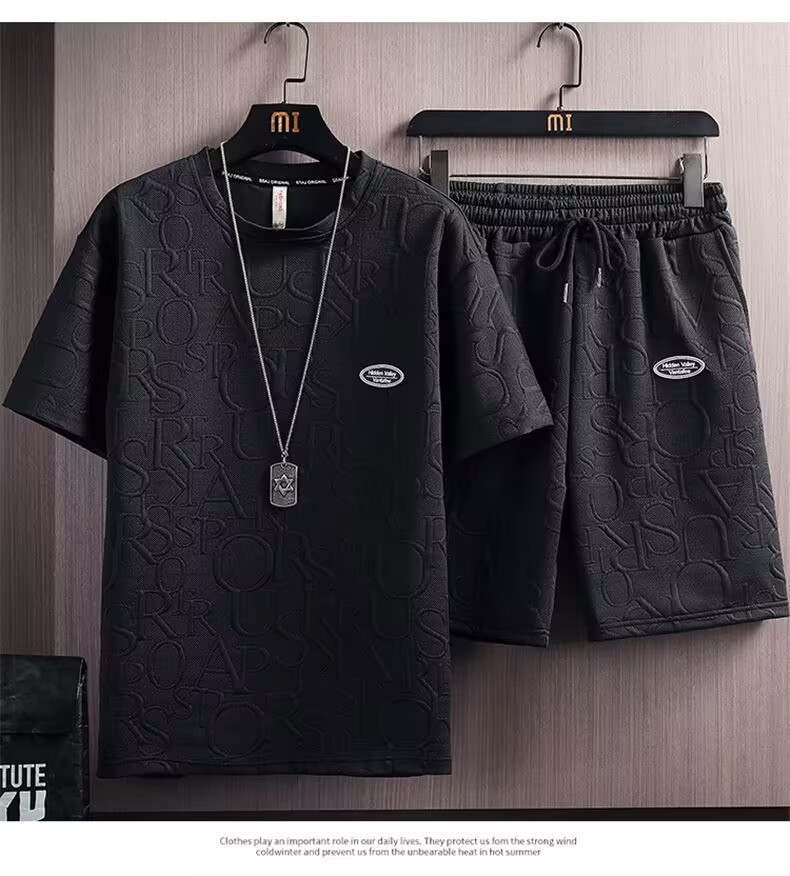 Men's Clothing Summer Suit Trendy All Match Loose Casual Short Sleeved T Shirt Waffle Top Shorts_voghion.com