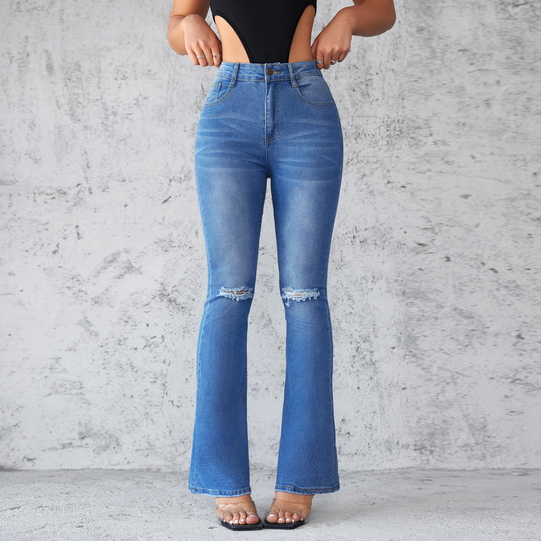 European And AmericanRipped Micro-La Women's Jeans Slim-fit Slimming High Waist Elastic Pants