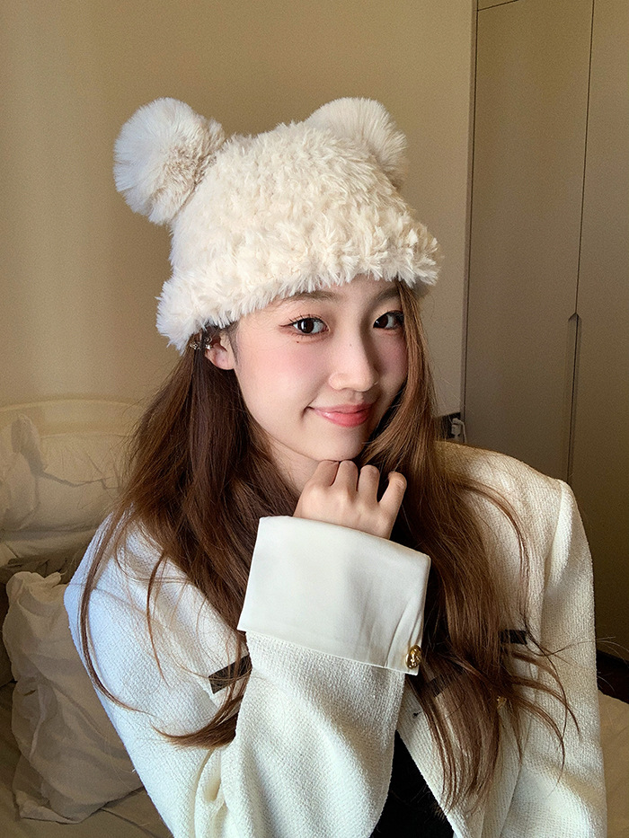 Autumn and Winter Cute Little Bear Plush Ear Protection for Children's Versatile Warmth Double Hair Ball Knitted Hat_voghion.com