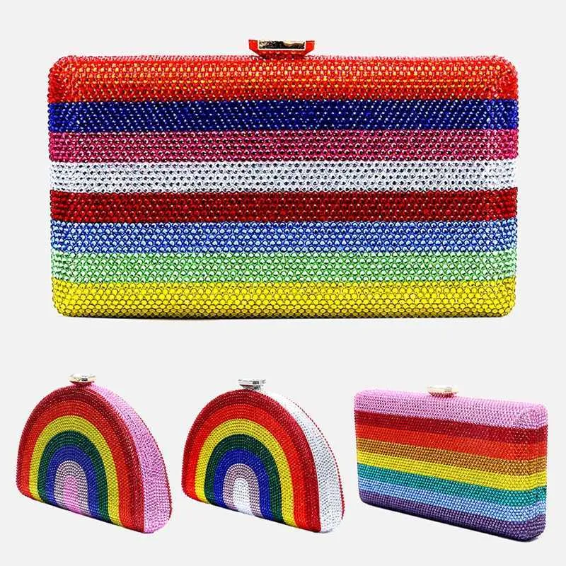 Neuestes Design Damen Rhie Handtasche Hochzeitsbankett Geschenk Kristall mehrfarbig gestreift Regenbogen Dia Abendessen Tasche Y241019_voghion.com