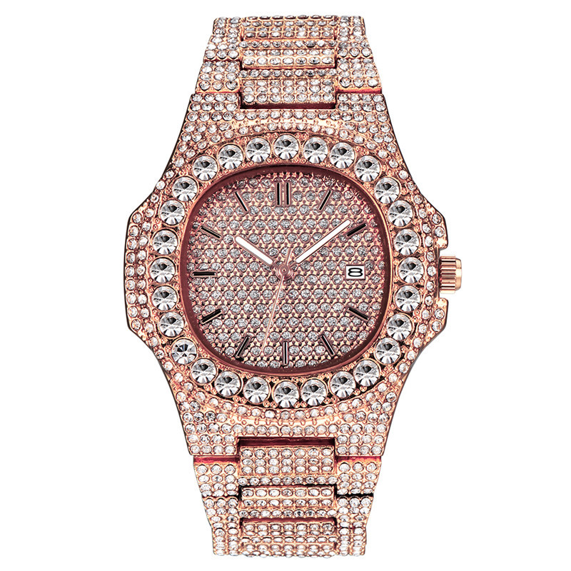 Men's Hip Hop Style Full Diamond Watch With Calendar - Quartz Movement, Square Dial, Stainless Steel Clasp, Fashionable Design For Trendy Men_voghion.com