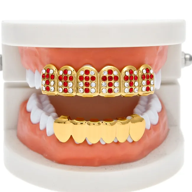 Party Cosplay Hiphop Zubehör CZ Kristall Bio Kupfer Gold Zähne Grillz Kappen oben und unten mit rot schwarz Kreuz Charme_voghion.com