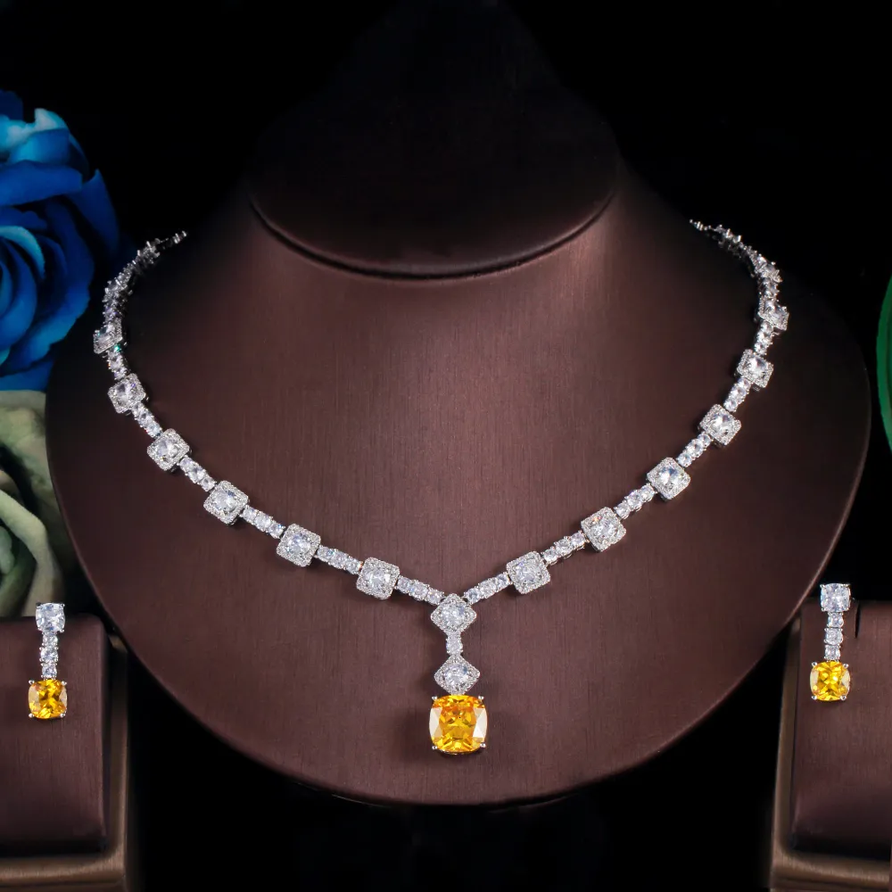 ThreeGraces Elegant Gul CZ Krystal Sier Farve Store Firkantede Dråbeøreringe Halskæde Bryllupsfest Smykkesæt til Kvinder_voghion.com