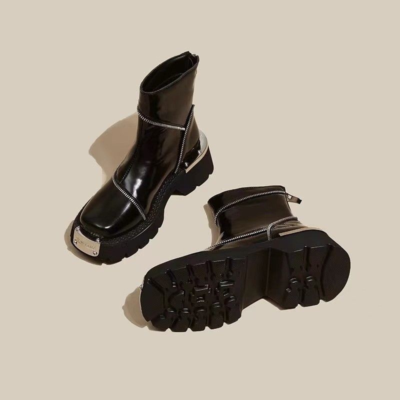 Ruoji Martin-Stiefel mit dicker Sohle für Damen im Herbst und Winter, neue Stiefel mit quadratischer Zehenpartie im britischen Stil, funktionaler Stil aus Metall_voghion.com
