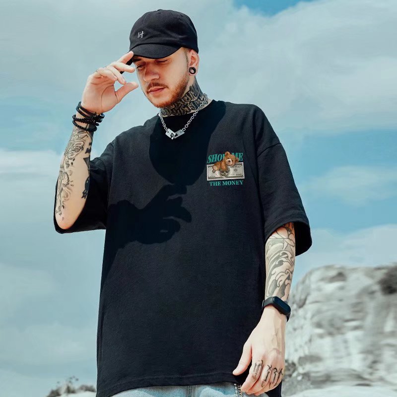 Oversized kort T-shirt til mænd, bjørn, løs pasform hiphop Instagram, trendy par, personlig halværmet trend_voghion.com