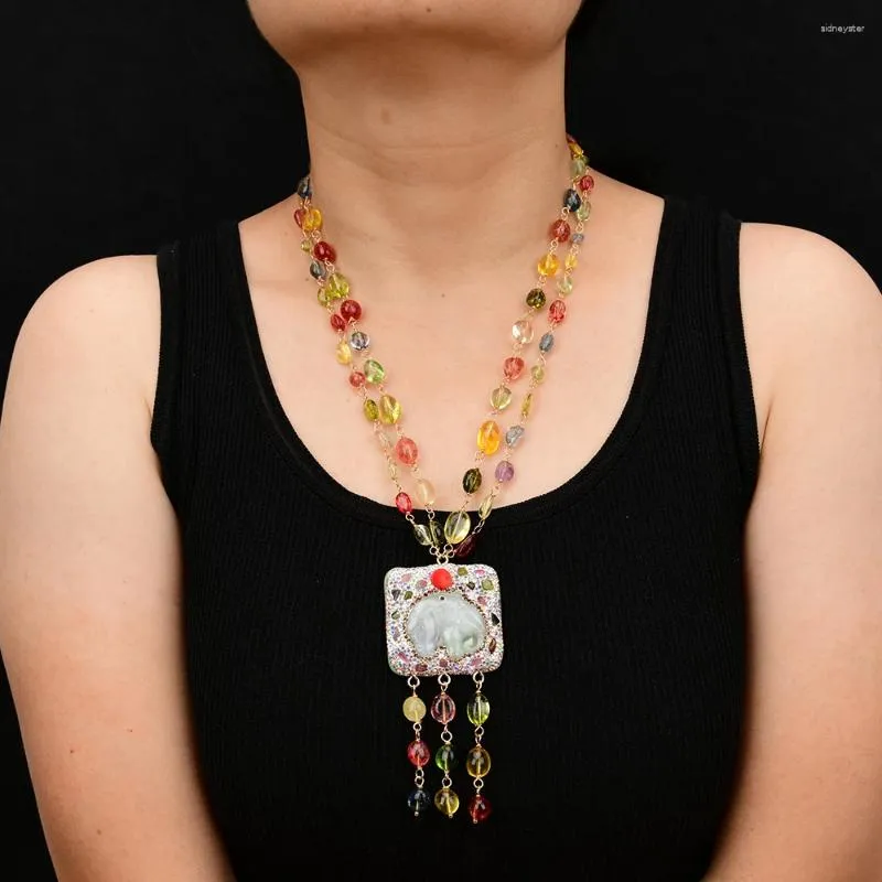 Pendant Necklaces GG Jewelry 2 Rows Mix Color Natural Crystal Smooth Net Stone Necklace Jadeite Carved Elephant_voghion.com