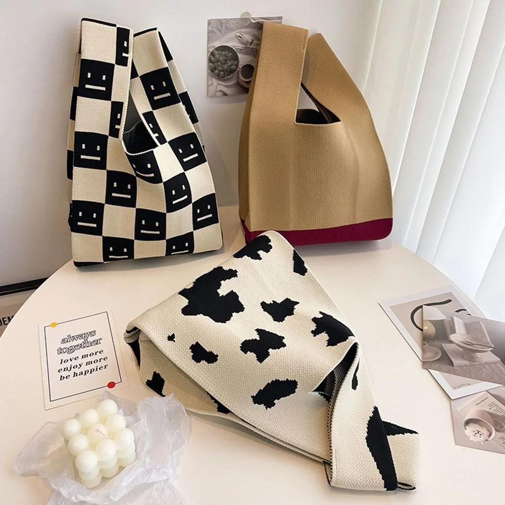 Mode Handarbeit Stricken Handtasche Frauen Mini Knoten Handgelenk Casual Farbe Plaid Einkaufstasche Wiederverwendbare Einkaufstaschen_voghion.com