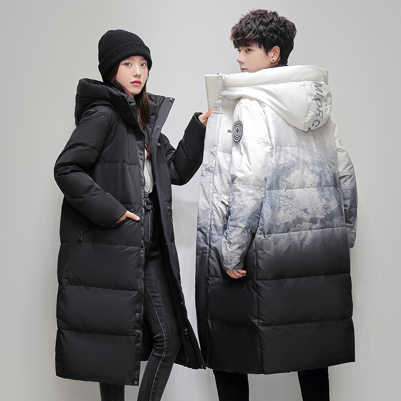 Nouveaux vêtements d'hiver pour hommes, édition étendue pour hommes et femmes, même style, sweat à capuche épais dégradé au-dessus du genou