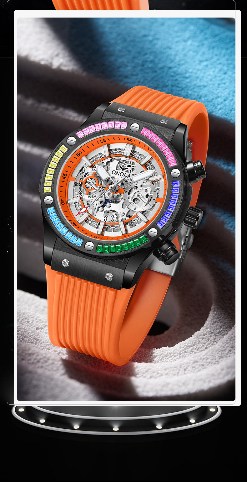 Fashion New ONOLA/Orona Rainbow Diamond Fully Automatic Mechanical Watch Men's Waterproof Tape_voghion.com