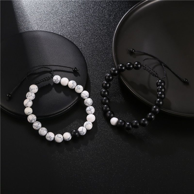 Fashion Retro Black Matte White Turquoise Braided Buddha Beads Set Men's Adjustable Couple Bracelet_voghion.com