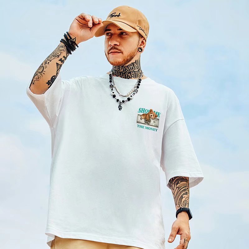 Oversized kort T-shirt til mænd, bjørn, løs pasform hiphop Instagram, trendy par, personlig halværmet trend_voghion.com