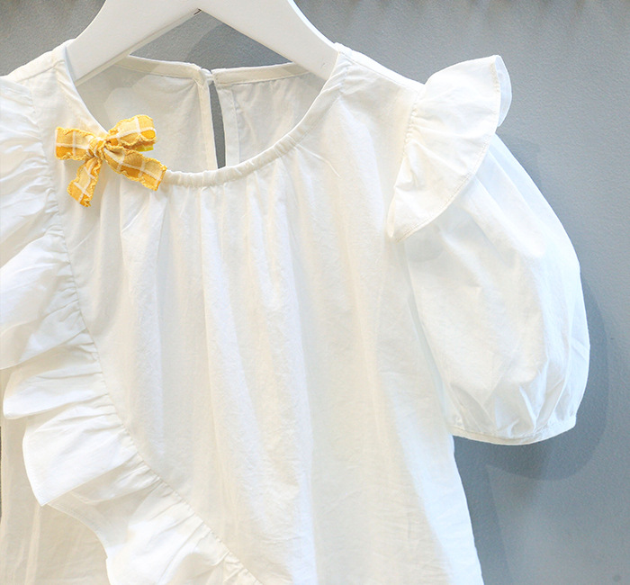 Mamma e bambini estate nuova ragazza vestito camicia con maniche a sbuffo più pantaloncini di jeans in pizzo abito a due pezzi_voghion.com