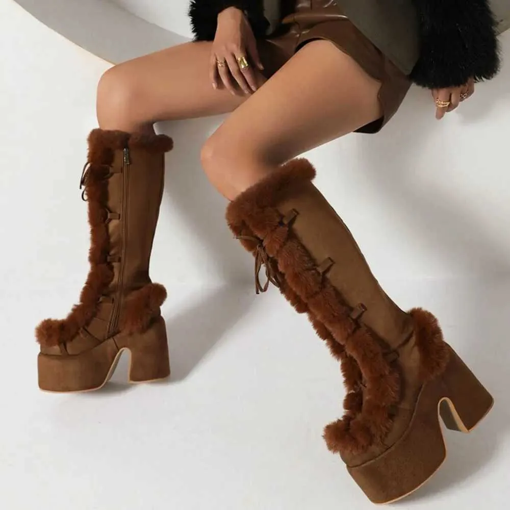 GIGIFOX Punk Pelliccia Alti Fino Al Ginocchio Piattaforma Chunky Tacco Alto Scarpe Cerniera Laterale INS Moda Strada Scatto Caldo Autunno Inverno Stivali_voghion.com