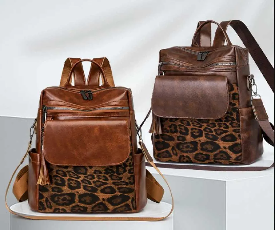 Sacs à dos de voyage en cuir vintage léopard pour femmes, nouvelle mode, grande capacité, sacs à bandoulière, fourre-tout, sac d'école, bandoulière_voghion.com