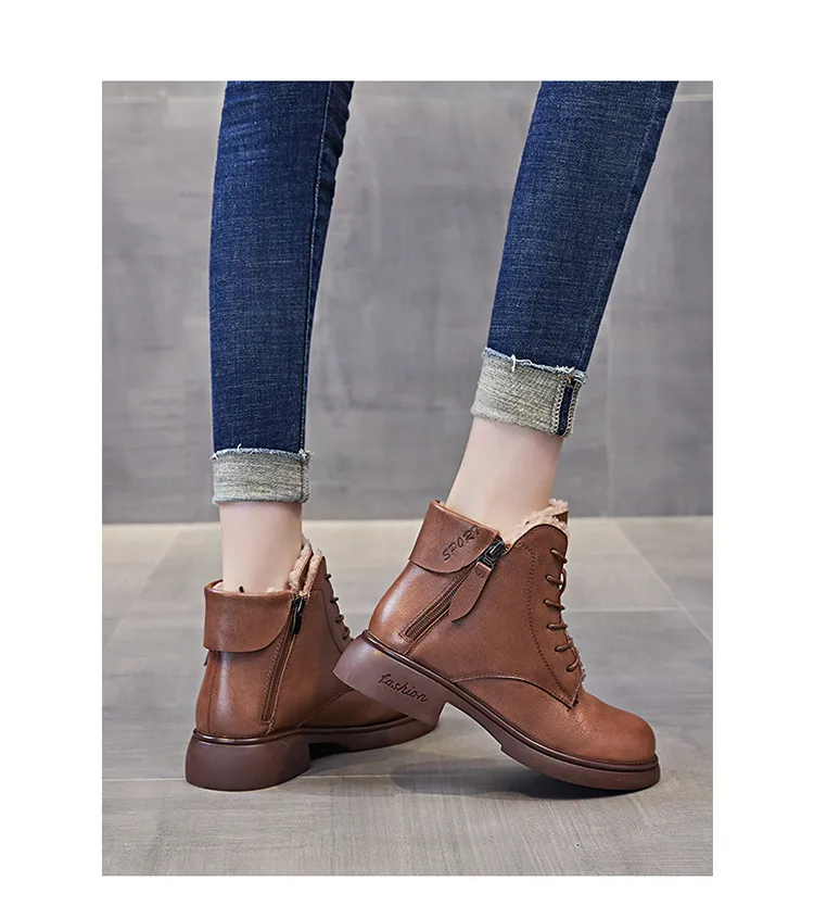Genuine Leather Round Toe Motorcycle Plush Insulation and Thick Soled Short Boots with British Style Versatility_voghion.com