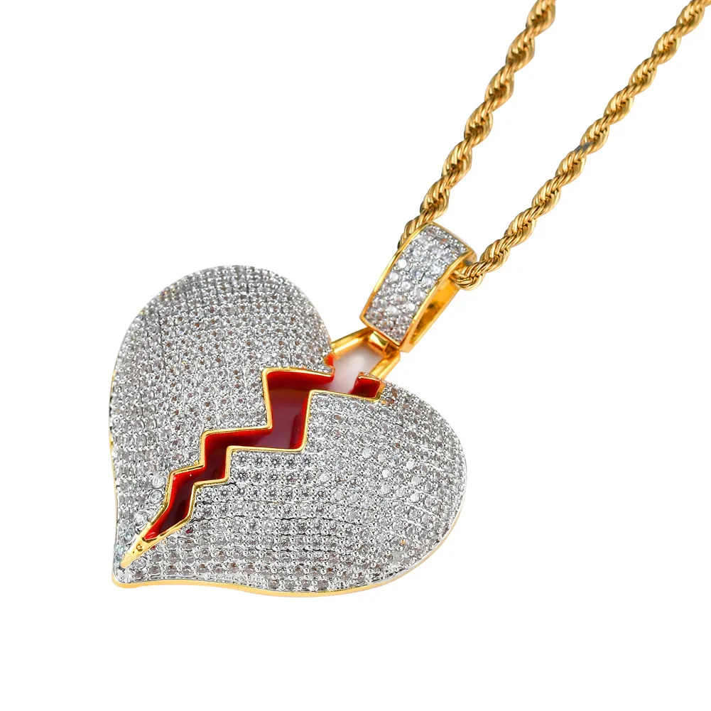 Pendant Necklaces Heart Broken Necklace Gold Sier Color Zirconia Stone Hip Hop Jewelry For Men Charm Gifts_voghion.com