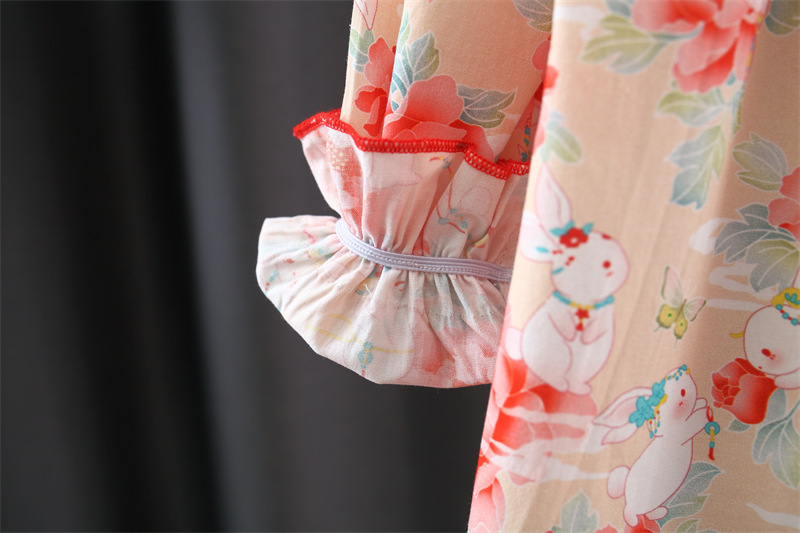 Autumn Newborn Girl Dress Rabbit Print Long Sleeved Dress Chinese Hanfu Style Baby Clothes_voghion.com